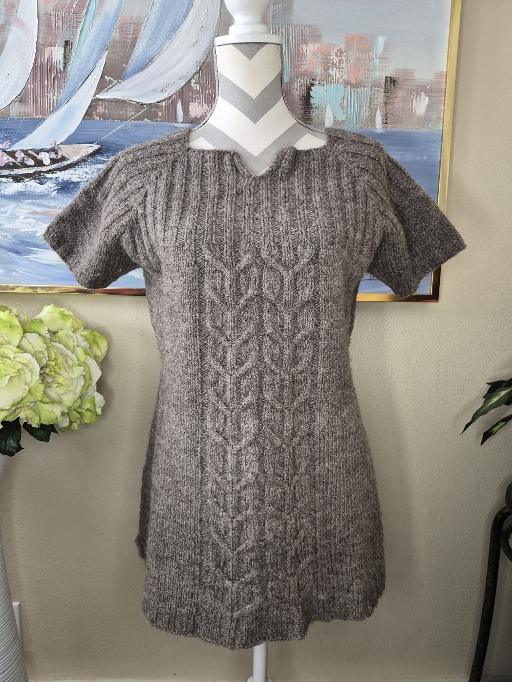 Womens Handmade Cozy Cable Knit Short-Sleeve Sweater Tunic